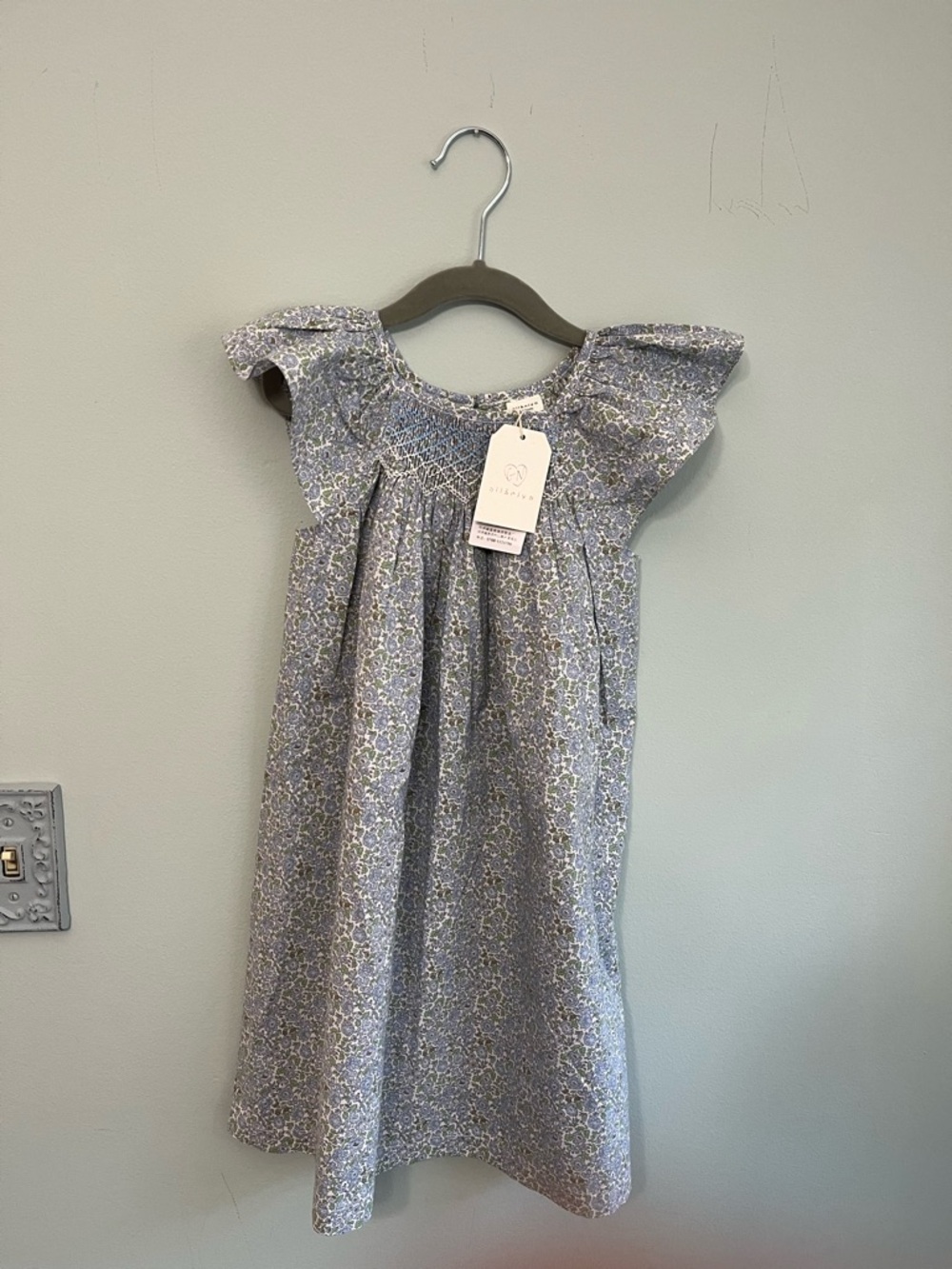 Girls Blue Floral Smocked Dress with Flutter Sleeves